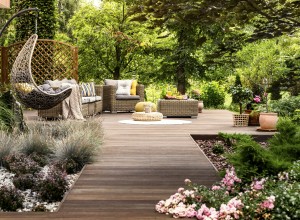 Beautiful backyard deck and furniture area.