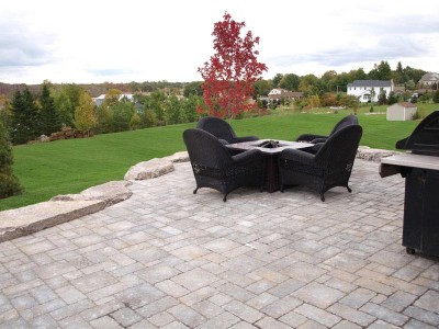Backyard patio area surrounded by green grass in the fall.