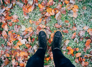 Person standing over grass and leaves with a layer of frost.